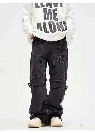 Lace-up Zipper Jeans Vintage Distressed Straight Loose Pants