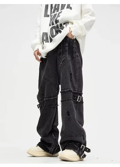 Lace-up Zipper Jeans Vintage Distressed Straight Loose Pants