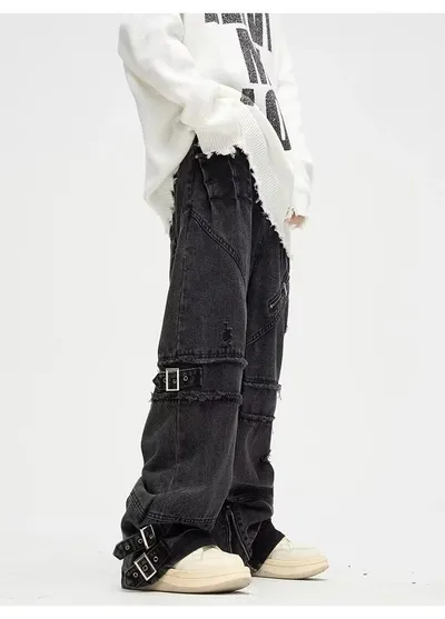Lace-up Zipper Jeans Vintage Distressed Straight Loose Pants