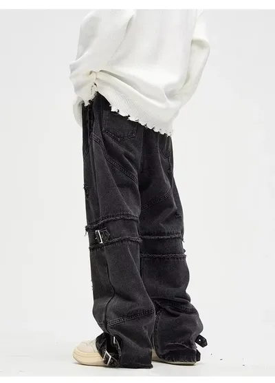 Lace-up Zipper Jeans Vintage Distressed Straight Loose Pants