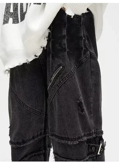 Lace-up Zipper Jeans Vintage Distressed Straight Loose Pants