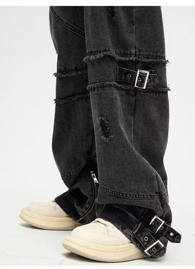 Lace-up Zipper Jeans Vintage Distressed Straight Loose Pants