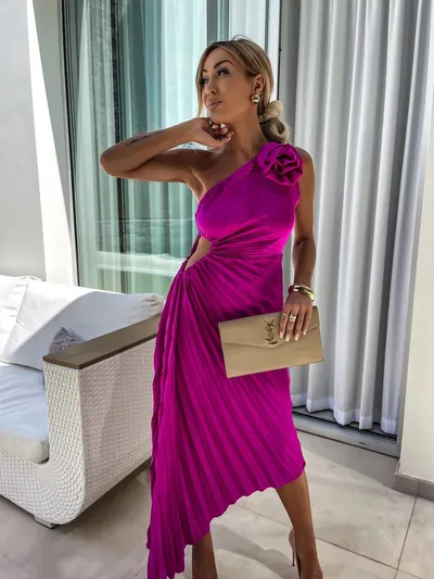 Ins Pleated One-shoulder Dress With Big Rose Flower Fashionable Sexy Evening Party Club Asymmetrical Dress