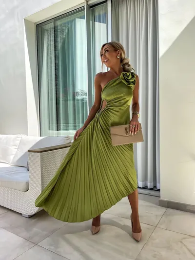 Ins Pleated One-shoulder Dress With Big Rose Flower Fashionable Sexy Evening Party Club Asymmetrical Dress