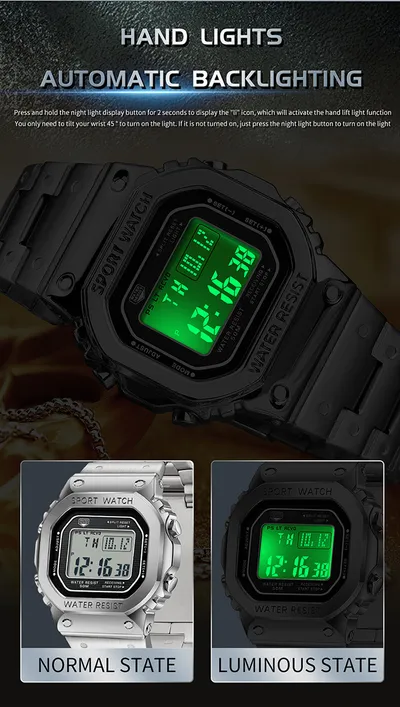 ساعة منبه رياضية متعددة الوظائف، مربعة الشكل، أنيقة، خفيفة الوزن، مقاومة للماء