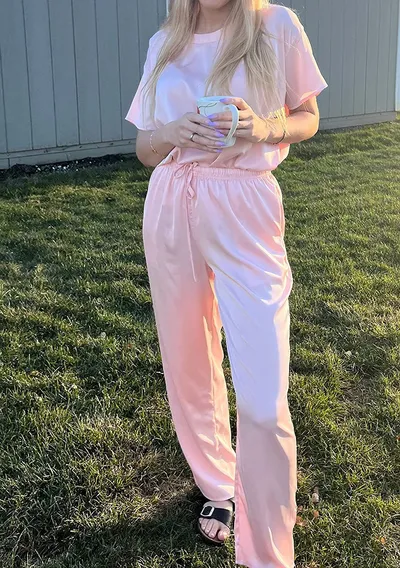 Women's Satin Silky Pajamas Short-sleeved Shirt Long Pajama Pants Suit