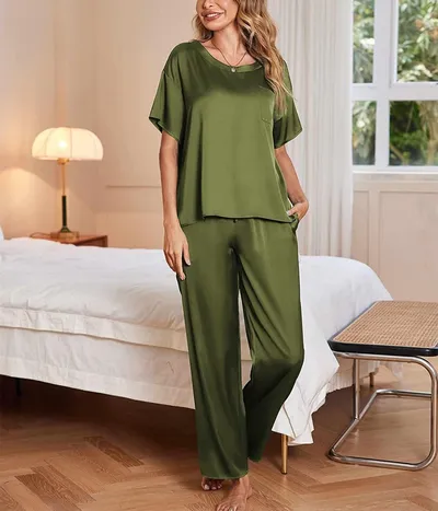 Women's Satin Silky Pajamas Short-sleeved Shirt Long Pajama Pants Suit