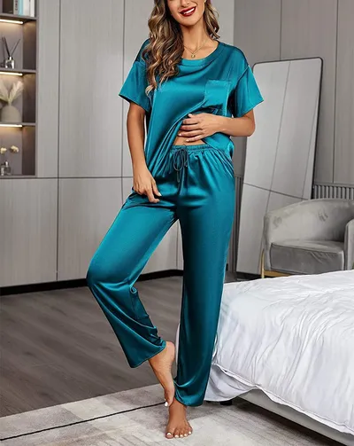 Women's Satin Silky Pajamas Short-sleeved Shirt Long Pajama Pants Suit