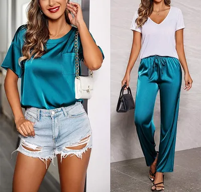 Women's Satin Silky Pajamas Short-sleeved Shirt Long Pajama Pants Suit