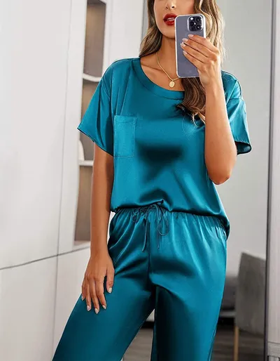 Women's Satin Silky Pajamas Short-sleeved Shirt Long Pajama Pants Suit