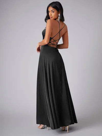 Summer Sexy Slimming Backless Strap Long Split Dress Women's Fashion High Waist Belted Gown V-neck