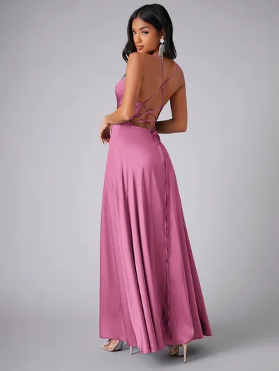 Summer Sexy Slimming Backless Strap Long Split Dress Women's Fashion High Waist Belted Gown V-neck