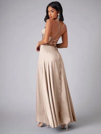 Summer Sexy Slimming Backless Strap Long Split Dress Women's Fashion High Waist Belted Gown V-neck