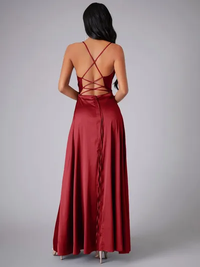 Summer Sexy Slimming Backless Strap Long Split Dress Women's Fashion High Waist Belted Gown V-neck