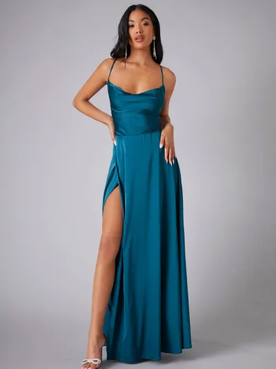 Summer Sexy Slimming Backless Strap Long Split Dress Women's Fashion High Waist Belted Gown V-neck