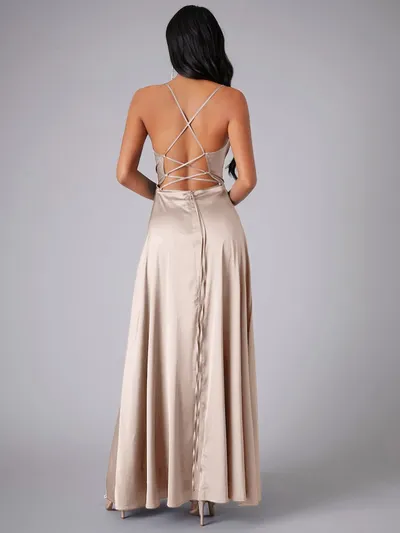 Summer Sexy Slimming Backless Strap Long Split Dress Women's Fashion High Waist Belted Gown V-neck