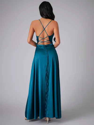 Summer Sexy Slimming Backless Strap Long Split Dress Women's Fashion High Waist Belted Gown V-neck