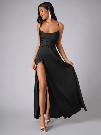 Summer Sexy Slimming Backless Strap Long Split Dress Women's Fashion High Waist Belted Gown V-neck