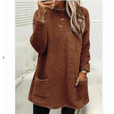 Women's Fleece Pullover Long Sweater With Pockets Winter Warm Thinken Sweatershirt Casual Long Sleeve Plush Tops Hoodie Coat Streetwear Fall Loose Outfits Hoodie Tops