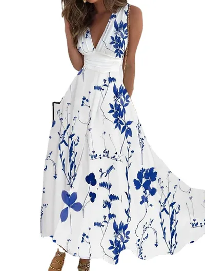 Women's Summer New V-neck High Waist Sleeveless Printed Vest Dress