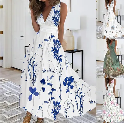 Women's Summer New V-neck High Waist Sleeveless Printed Vest Dress