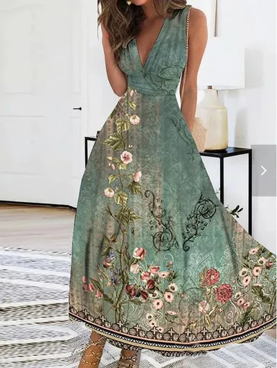 Women's Summer New V-neck High Waist Sleeveless Printed Vest Dress