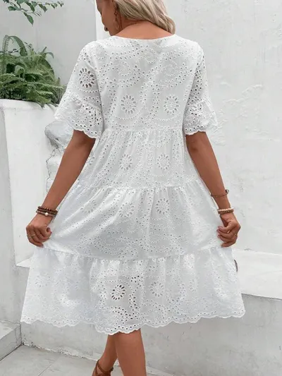Casual Women's Embroidered Hollow Short Sleeve Round Neck Ruffle Sleeve Waist Dress
