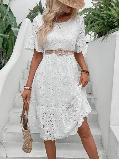 Casual Women's Embroidered Hollow Short Sleeve Round Neck Ruffle Sleeve Waist Dress