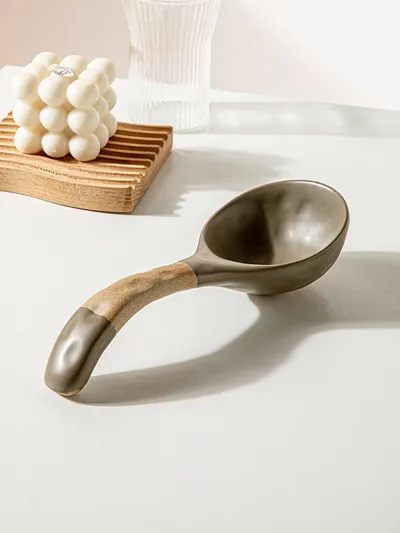 Ceramic Thickened Retro Stoneware Large Long-handle Spoon Household