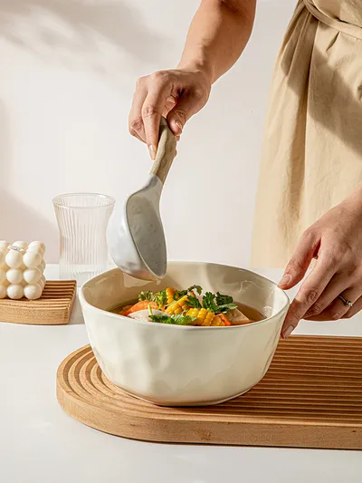 Ceramic Thickened Retro Stoneware Large Long-handle Spoon Household