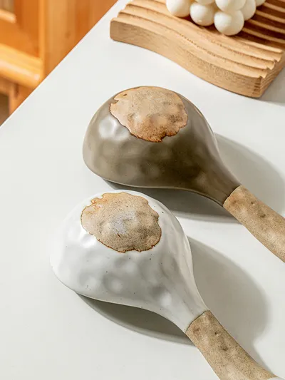 Ceramic Thickened Retro Stoneware Large Long-handle Spoon Household