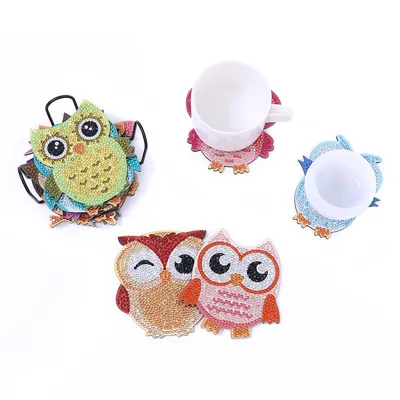 Diamond Painting Coaster Shape With Stand DIY Diamond Painted Art Craft Supplies Owl Pattern