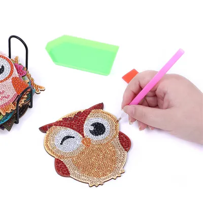 Diamond Painting Coaster Shape With Stand DIY Diamond Painted Art Craft Supplies Owl Pattern