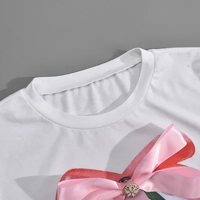 Printed Round Neck Bowknot Three-dimensional Decoration T-shirt