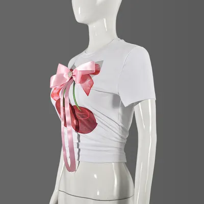 Printed Round Neck Bowknot Three-dimensional Decoration T-shirt