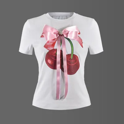 Printed Round Neck Bowknot Three-dimensional Decoration T-shirt