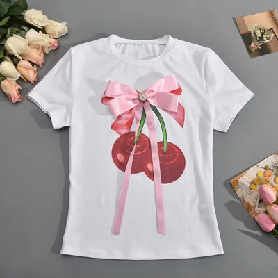 Printed Round Neck Bowknot Three-dimensional Decoration T-shirt