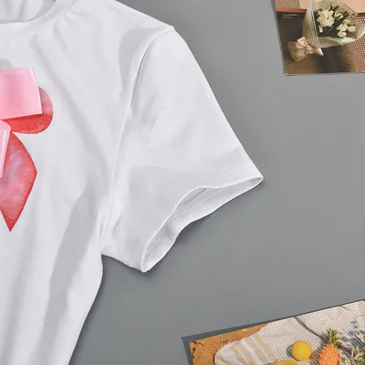 Printed Round Neck Bowknot Three-dimensional Decoration T-shirt