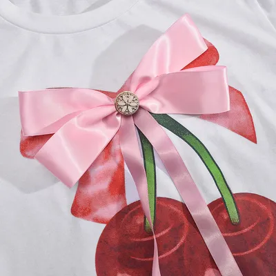 Printed Round Neck Bowknot Three-dimensional Decoration T-shirt