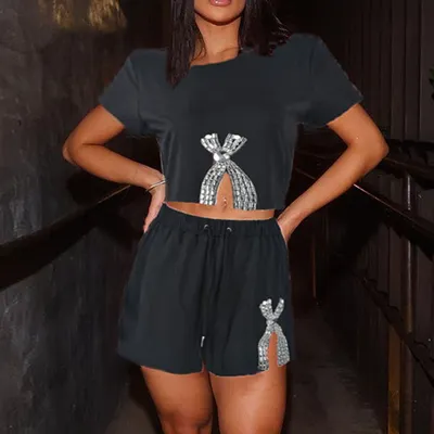 Lace-up Rhinestone Round Neck European And American Shorts Suit