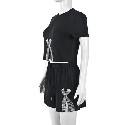 Lace-up Rhinestone Round Neck European And American Shorts Suit