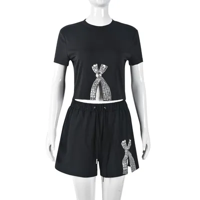 Lace-up Rhinestone Round Neck European And American Shorts Suit