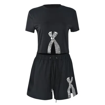 Lace-up Rhinestone Round Neck European And American Shorts Suit