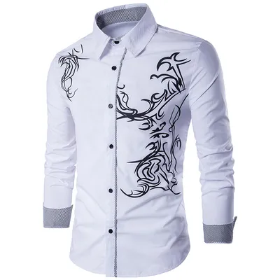 Men's Long-sleeved Dragon Print Long-sleeved Slim Shirt