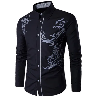 Men's Long-sleeved Dragon Print Long-sleeved Slim Shirt