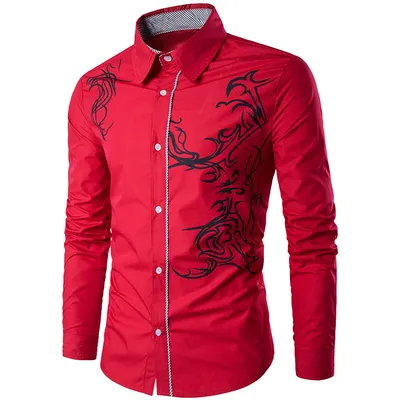 Men's Long-sleeved Dragon Print Long-sleeved Slim Shirt