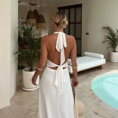 Sexy Halterneck V-neck Slit Dress Summer Backless Strappy Skirt Fashion Temperament Clothing Women