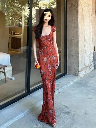 French Flying Sleeve Floral Dress Women