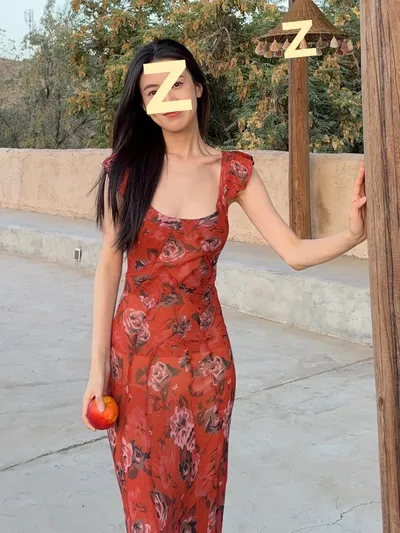 French Flying Sleeve Floral Dress Women