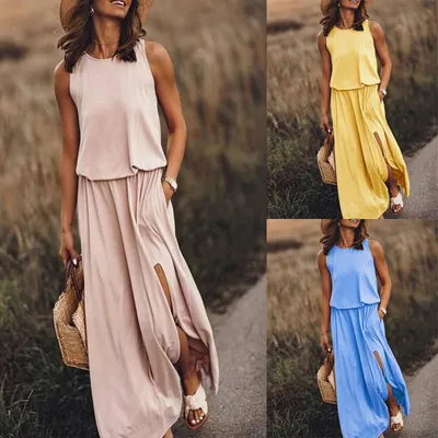 Women Summer Dresses Fashion Side Slit Long Dress With Pockets Vestidos Solid Casual O-Neck Sleeveless A-Line Sundress For Holiday
